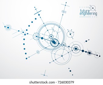 Mechanical scheme, vector engineering drawing with circles and geometric parts of mechanism. Technical plan can be used in web design and as wallpaper or background. 