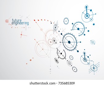 Mechanical scheme, vector engineering drawing with circles and geometric parts of mechanism. Technical plan can be used in web design and as wallpaper or background. 