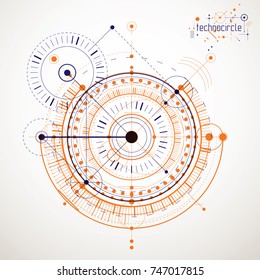 Mechanical scheme, vector engineering drawing with circles and geometric parts of mechanism. Technical plan can be used in web design and as wallpaper or background. 