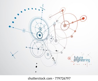 Mechanical scheme, vector engineering drawing with circles and geometric parts of mechanism. Technical plan can be used in web design and as wallpaper or background. 