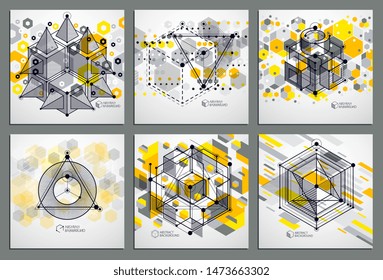 Mechanical scheme, yellow vector engineering drawings set with 3D cubes and geometric elements. Engineering technological wallpaper made with honeycombs.