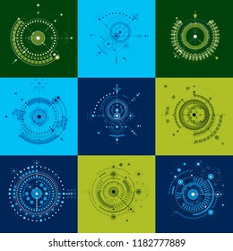 Mechanical schemes. Set of vector engineering drawings with circles and geometric parts of mechanism. Technical plan can be used in web design and as wallpaper.