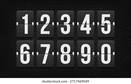 Mechanical scoreboard. Black flip board with white numbers for alarm timers, airports, sports events, date displays, and countdowns. Clock counter panel. Vector illustration.