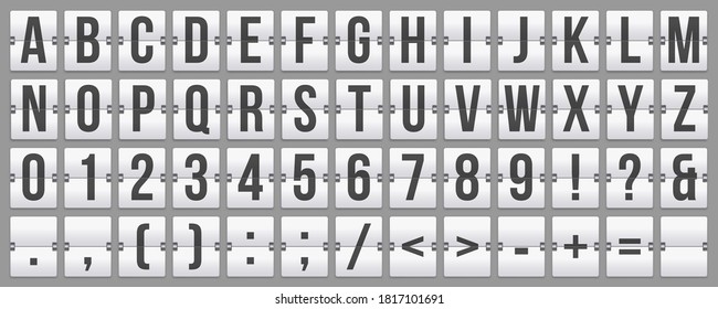 Mechanical scoreboard flip font with alphabet lettering, numbers and punctuation marks. ABC design on panel for clock timer, arrival airport signs, railway station vector illustration.