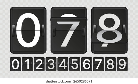 Mechanical Scoreboard with Flip Numbers 0-9. Countdown Clock Counter Vector Template with White Digits on Black Board and Transparent Background