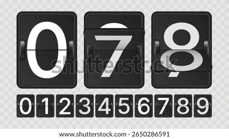 Mechanical Scoreboard with Flip Numbers 0-9. Countdown Clock Counter Vector Template with White Digits on Black Board and Transparent Background