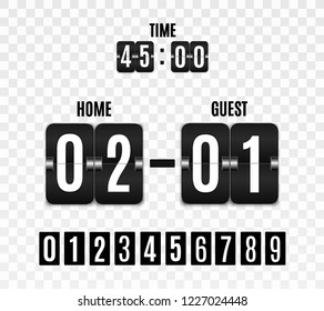 Mechanical scoreboard. Football vector illustration. isolated on transparent background. Hour counter Retro vintage countdown design with time. Black countdown timer with white numbers. Vector templat