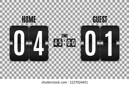 Mechanical scoreboard. Football vector illustration. isolated on transparent background. Hour counter Retro vintage countdown design with time. Black countdown timer with white numbers. Vector templat