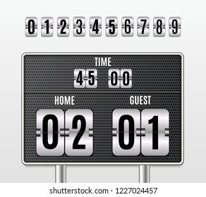 Mechanical scoreboard. Football vector illustration. isolated on transparent background. Hour counter Retro vintage countdown design with time. Black countdown timer with white numbers. Vector templat