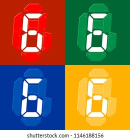 Mechanical scoreboard vector template with digital numbers; White digit 6 on red,  green, blue, yellow board