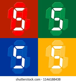 Mechanical scoreboard vector template with digital numbers; White digit 5 on red,  green, blue, yellow board