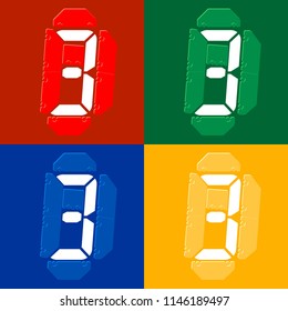 Mechanical scoreboard vector template with digital numbers; White digit 3 on red,  green, blue, yellow board