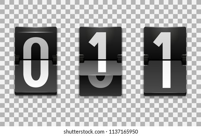 Mechanical scoreboard vector template with number 1; Flip countdown clock counter; White digit on black board with transparent shadow; Number one template 