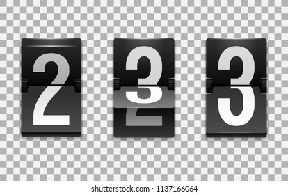 Mechanical scoreboard vector template with number 3; Flip countdown clock counter; White digit on black board with transparent shadow; Number three template 