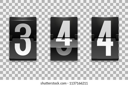 Mechanical scoreboard vector template with number 4; Flip countdown clock counter; White digit on black board with transparent shadow; Number four template 