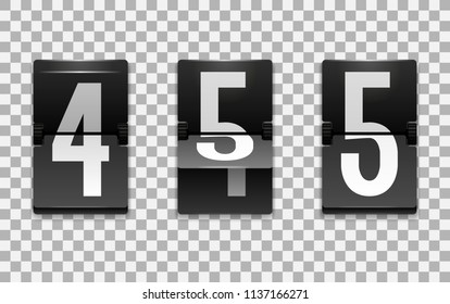 Mechanical scoreboard vector template with number 5; Flip countdown clock counter; White digit on black board with transparent shadow; Number five template 
