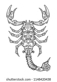 Mechanical scorpio animal engraving vector illustration. Scratch board style imitation. Black and white hand drawn image.