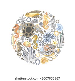 Mechanical sea animals, sea horses, fish, starfish, seaweed, coral, shell, wheels, metal elements in the form of circle. Steampunk style. Cartoon design. Vector illustration.