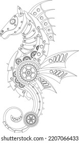 Mechanical seahorse coloring book in metal steampunk style. Vector illustration.