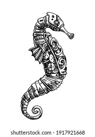 Mechanical seahorse. Hand drawn vector illustration. Steampunk style.