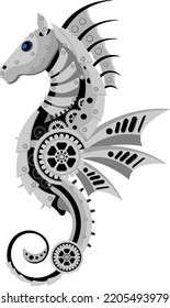 Mechanical seahorse in metal steampunk style. Vector illustration.