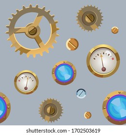 Fondo mecánico de engranajes y barómetros de colores sin fisuras al estilo del steampunk