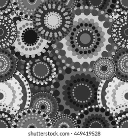 Mechanical seamless pattern black white gray circles.