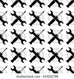 Mechanical seamless toolkit pattern or wallpaper. Vector repeatable monochrome symbols on a white background.