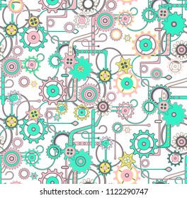 Mechanical seamless vector background pattern . Pink, violet, green, yellow and gray colors, isolated on white background