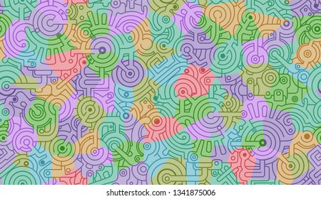 Mechanical seamless vector background pattern . Blue, Yellow, green, purple colors