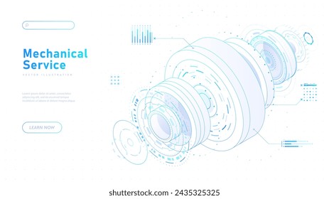 Mechanical service white poster. Wrench near automobile engine. Part of transport and care. Industrial workshop. Cartoon flat vector illustration isolated on white background