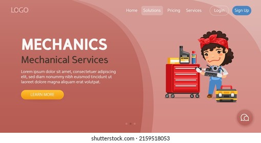 Mechanical Services website template. Illustration of a cartoon mechanic woman using a screwdriver repairs a part in a workshop. Composition with a professional. Flat female character.