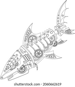 Mechanical shark coloring book. Vector illustration.