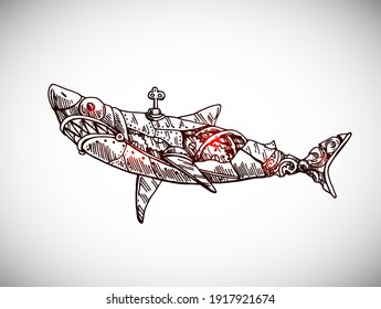 Mechanical shark. Hand drawn vector illustration. Steampunk style.