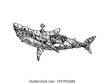 Mechanical shark. Hand drawn vector illustration. Steampunk style.