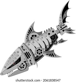 Mechanical shark in metal steampunk style. Vector illustration.