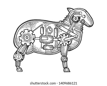 Mechanical sheep ewe animal sketch engraving vector illustration. Scratch board style imitation. Black and white hand drawn image.