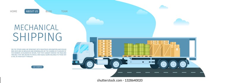 Mechanical Shipping Open Truck Full of Package. Delivery Van with Goods, Green Tank, Cardboard and Wooden Box. Modern Warehouse Distribution Transport. Flat Cartoon Vector Illustration