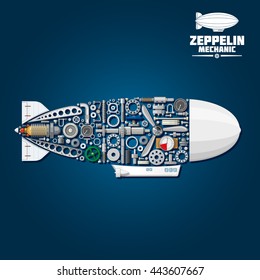 Mechanical silhouette of zeppelin airship symbol with gondola, rudder and envelope, propeller and turbine, gear wheels and bearings, pressure hoses and gauges, valve handwheels and fasteners