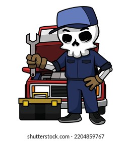 Mechanical Skull Getting Ready To Repair The Car With His Tools. Skull Cartoon Illustration.