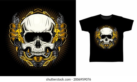 Mechanical Skull with Gold Armor illustration t-shirt design concept.