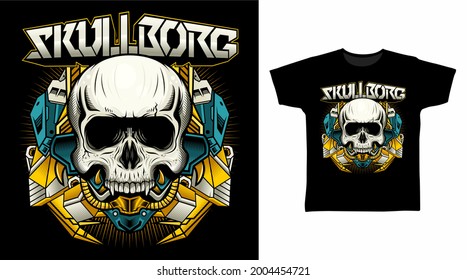 Mechanical Skull with Gold and Blue Armor vector illustration t-shirt design concept.