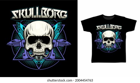 Mechanical Skull with Purple Armor vector illustration t-shirt design concept.