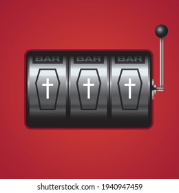 Mechanical slot machine with coffin symbols. Creative Anti-Gambling concept vector illustration.