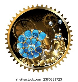 Caracol mecánico hecho de latón, partes metálicas con caparazón luminoso, transparente, azul, espiral, decorado con engranajes en círculo con marrón sobre fondo blanco. Estilo Steampunk. arte vectorial dibujado a mano