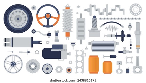 Repuestos mecánicos. Diferentes iconos planos de repuesto de la máquina. Mecanismo de recopilación, engranajes, ruedas y juntas. Servicio de reparación decente aislado clipart