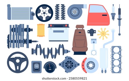 Mechanical spare parts for repair and assembly. Different mechanism, battery wheel, car door and chair, gearbox and speedometer. Gears recent vector clipart