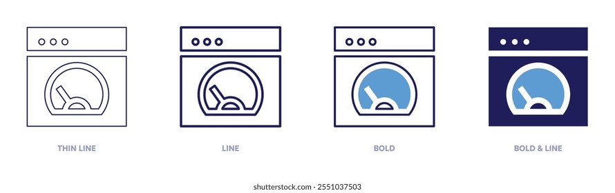 Ícone de velocímetro mecânico em 4 estilos diferentes. Linha fina, Linha, Negrito e Linha Negrito. Estilo duotônico. Traçado editável.