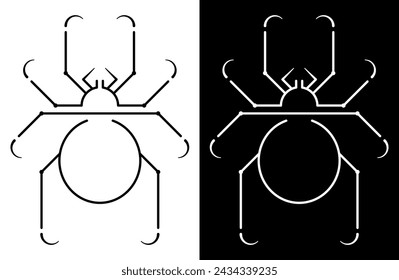 Mechanical spider stylized. Dangerous insect from lines. Graphic element for design of symbol, icon, brand sign, logo. Isolated spider, beetle in technical style. Black and white vector illustration.
