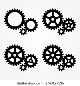 Mechanical sprocket gears sets, small, medium and large, 4 types, black silhouette. Isolated Vector illustration.